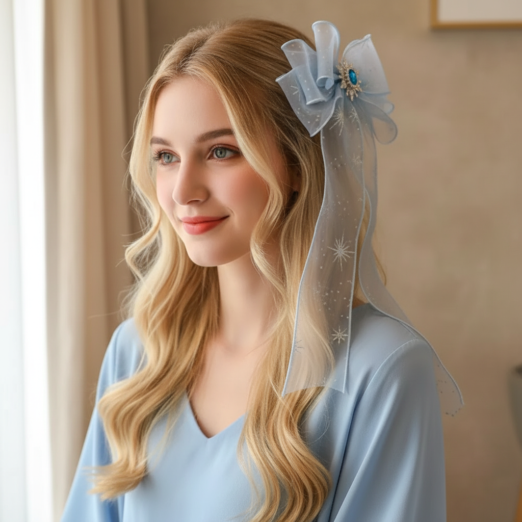 Ribbon Bow Gift - Big Blue Bows Princess Pompom Hairpins